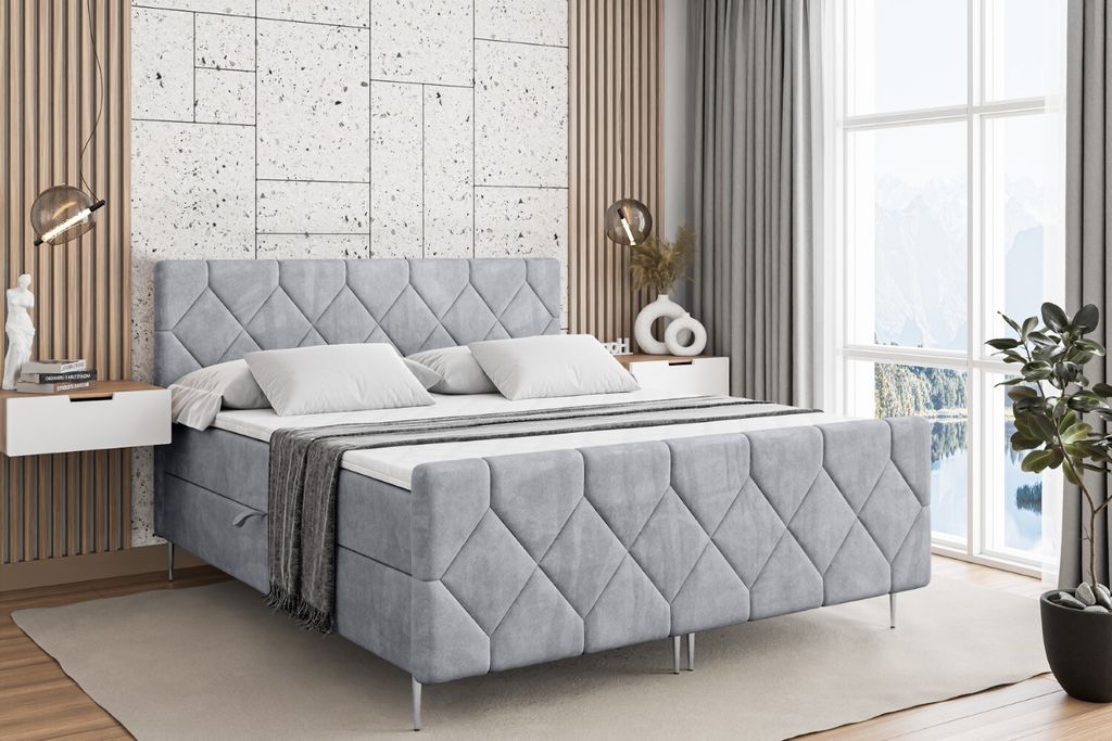 ALTDECOR Boxspringbett mit Silber Füßen, Matratze und Lattenrost, Topper, Fußteil, Polsterbett mit Bettkasten, Bett mit Stauraum H4-Matratze, Do...