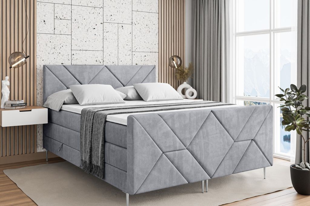 ALTDECOR Boxspringbett mit Silber Füßen, Matratze und Lattenrost, Topper, Fußteil, Polsterbett mit Bettkasten, Bett mit Stauraum H3- und H4- Mat...