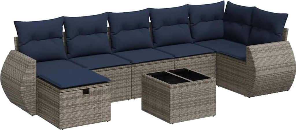 8-tlg. Garten-Sofagarnitur mit Kissen Grau Poly Rattan