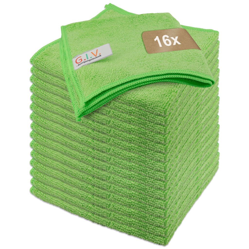Mikrofasertücher grün, Putztücher Set 16 Stück, 32x32 cm, Reinigungstücher für Haushalt, Gastronomie, Auto, Werkstatt