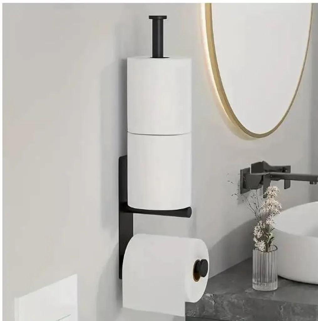 Porte-rouleau de rechange mural autocollant noir pour WC et cuisine inox