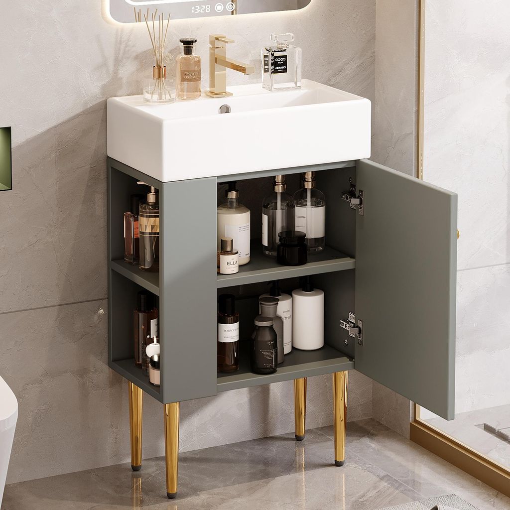 Flieks Badezimmerschrank mit Waschbecken, Standschrank Waschbeckenunterschrank mit Staufächer und Seitenablagen, Badezimmermöbel 55x31x91.5cm, Grau