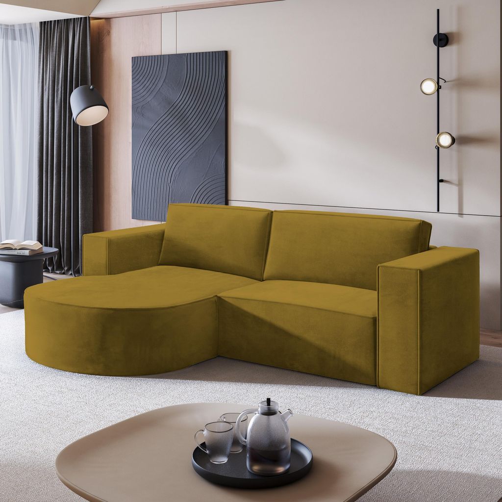 Masseno Ecksofa SORELA M L-S mit Schlaffunktion L-Form, Sofa mit Bettkasten, Wohnzimmersofa, Couch, Soffa, Bettsofa, Couchgarnitur- Gelb, MONOLITH 48