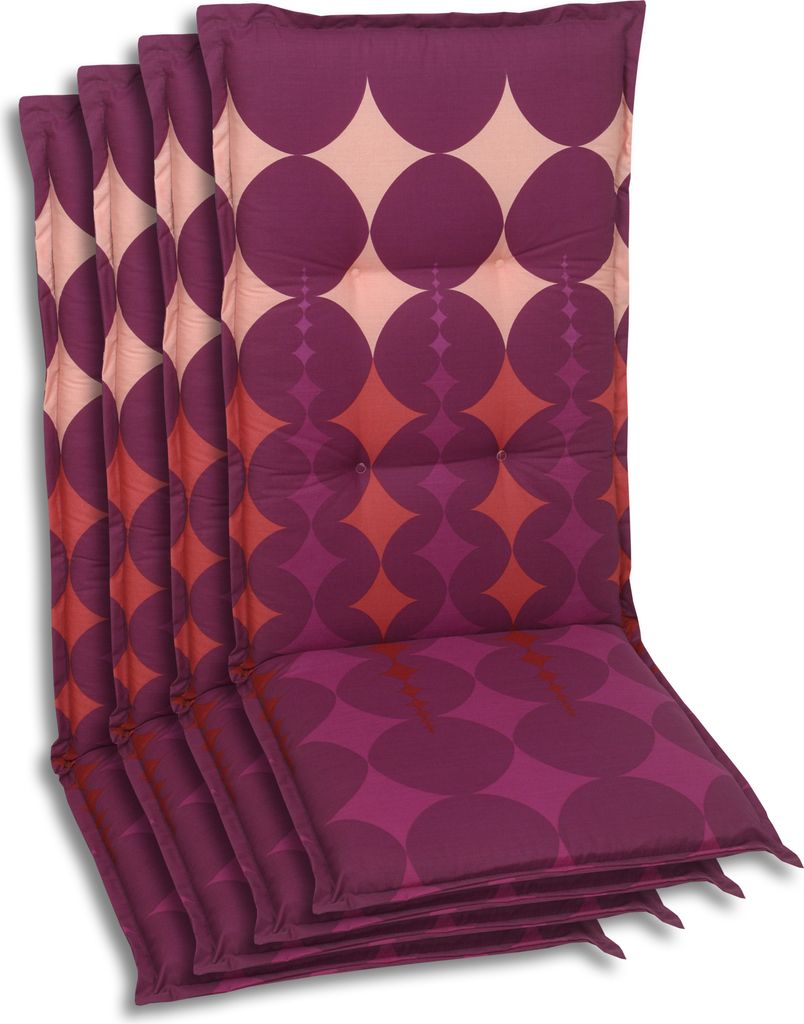 A stack of four chair cushions with a geometric circle pattern.