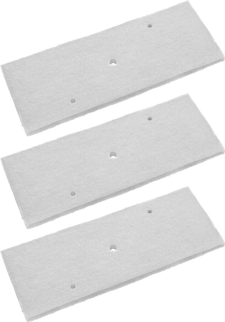 Three white rectangular filters are stacked diagonally on a white background.