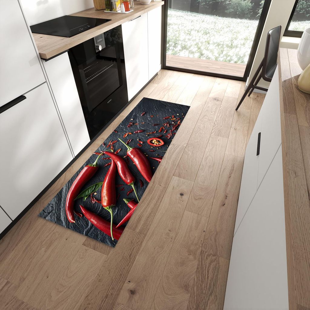 Küchenteppich 60x180cm rutschfest & abwischbar PVC Läufer - Rote Chili Schoten