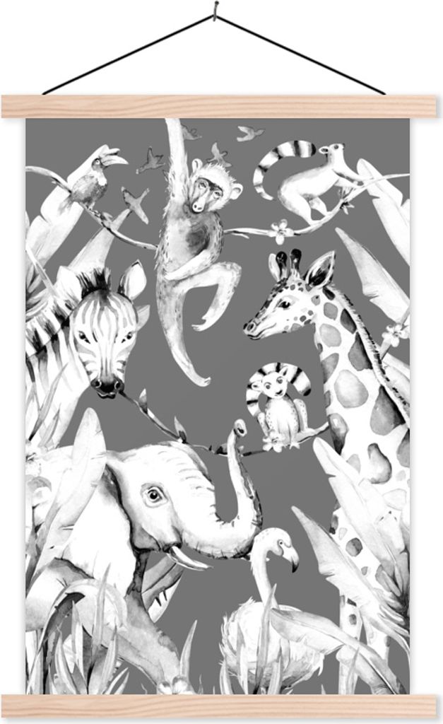 MuchoWow Textilposter Aquarellieren - Tiere - Dschungel - Jungen - Blau - Kinder 40x60 cm mit holzfarbenen Rahmen - Poster