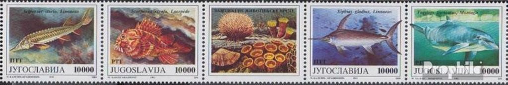 Briefmarken Jugoslawien 1993 Mi 2589-2592 Fünferstreifen (kompl.Ausg.) postfrisch Meerestiere