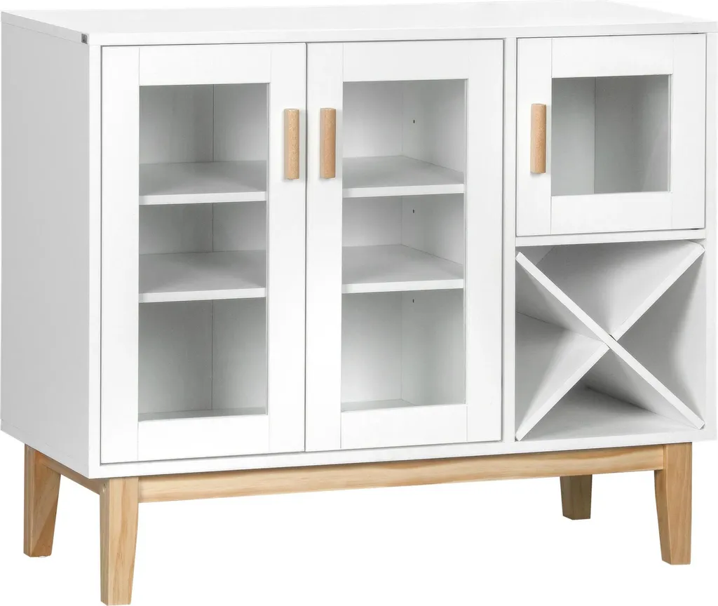 Buffet de cuisine 3 portes vitrées 90x37x75 cm en bois de pin et blanc
