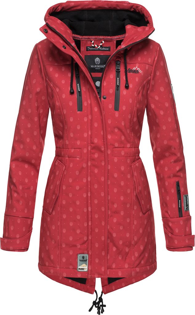 Marikoo Zimtzicke Damen Wasserdichte Softshell Jacke mit Kapuze Outdoor Regenjacke Regenmantel Rot mit Print Gr. 34 - XS