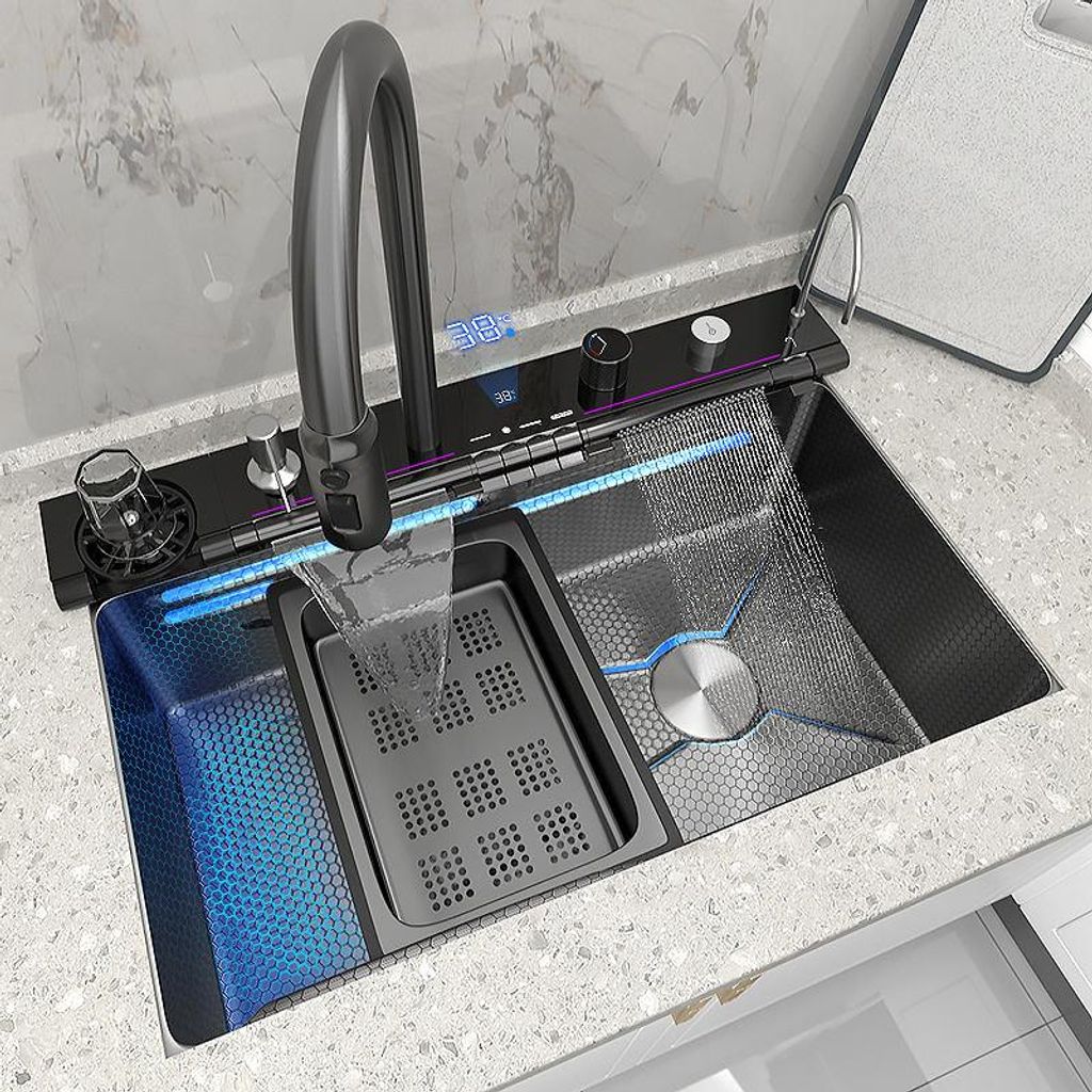 TELISIYA Multifunktionale Küchenarmatur-Spüle mit Wasserfall & Digitalanzeige – Edelstahl 304/201 – 80x46 cm