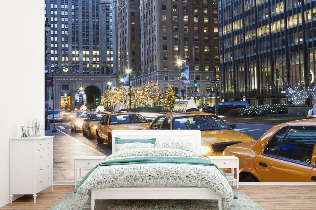 MuchoWow Fototapete für Wohnzimmer oder Schlafzimmer Wandtapete Vinyl Motivtapete New York - Taxi - Nacht - 420x280 cm - Zimmer für Kinder