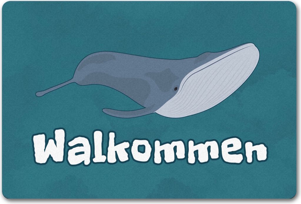 Blauwal Fußmatte in 40x60 cm ohne Rand mit Ozeanmotiv und Spruch Walkommen