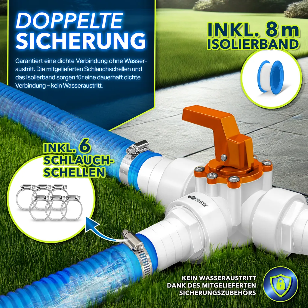 tillvex® Set bypass piscina 12 pezzi - attacco Ø32 e 38 mm | valvola a 3 vie e adattatore ABS | 6x fascette stringitubo & 8m nastro isolante - ideale per sistemi di filtraggio a sabbia, pompe di calore e riscaldamento piscina (arancione) - 2
