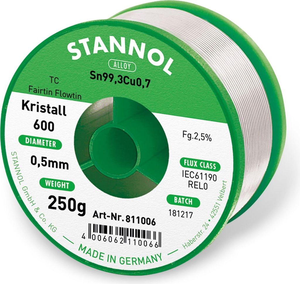 Stannol Kristall 600 Fairtin Lötzinn bleifrei Sn99.3Cu0.7 250 g 0.5