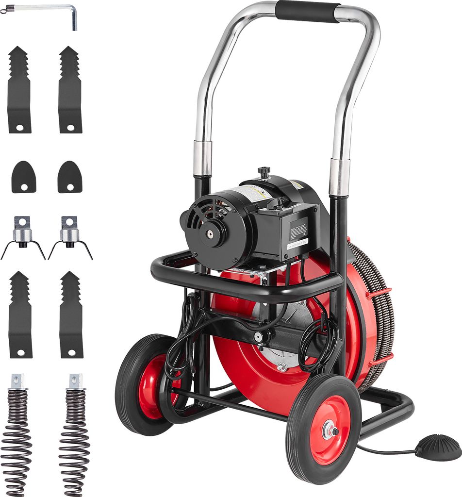 SucceBuy Rohrreinigungsmaschine 100 Fuß x 1/2 Zoll, tragbare Rohrreinigungsspirale mit automatischer Zuführung, 8 Schneidern und luftaktiviertem ...