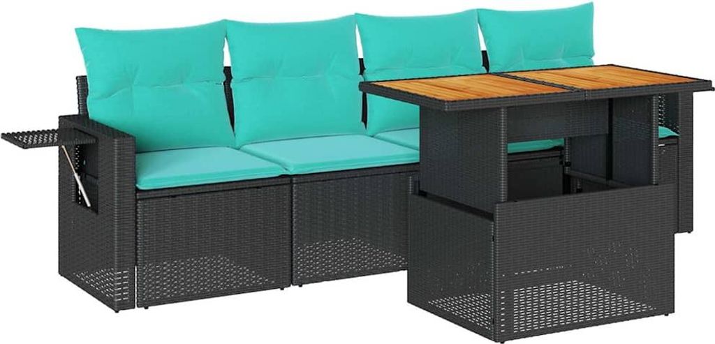 5-tlg. Garten-Sofagarnitur mit Kissen Schwarz Poly Rattan