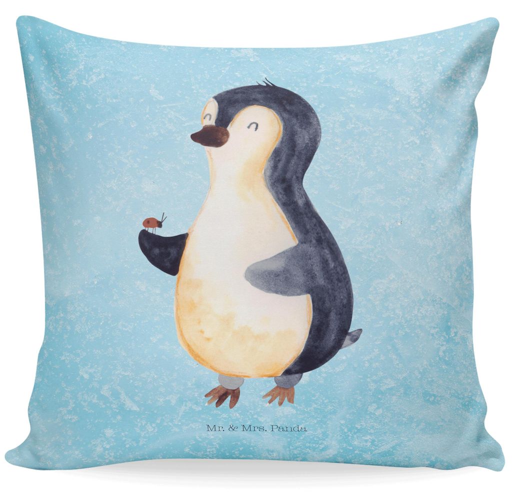 Mr. & Mrs. Panda Sofa Kissen Pinguin Marienkäfer - Eisblau - Geschenk, Kleine Wunder, Liebe, Pinguine, Polster, Aufmerksam, bedruckt, kuschelkisse...