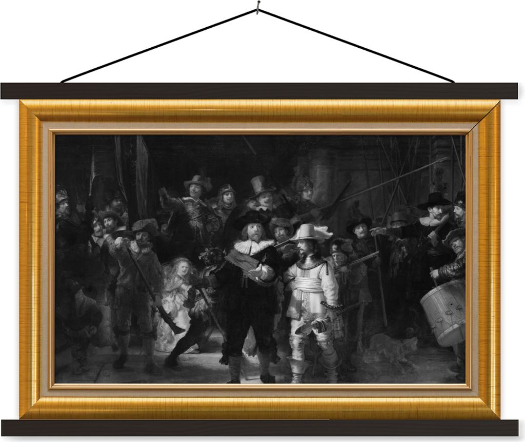 MuchoWow Textilposter Nachtwache - Van Rijn - Liste - Gold 120x80 cm mit schwarzem Rahmen - Wanddeko