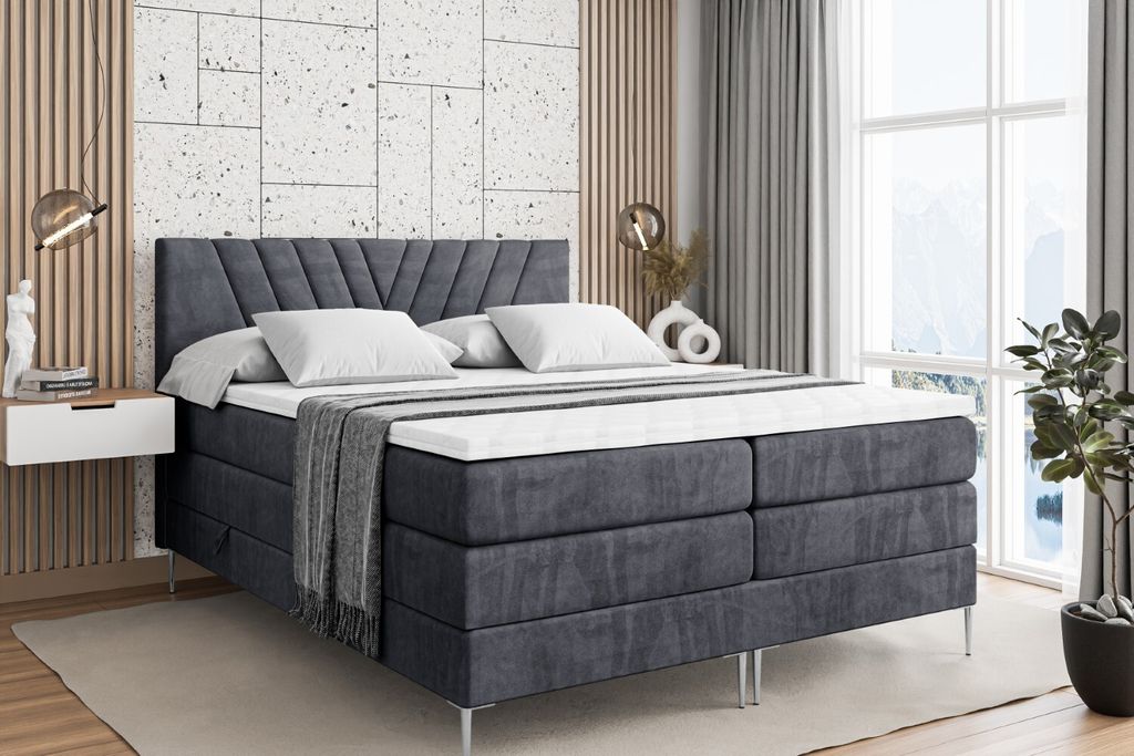 ALTDECOR Boxspringbett mit Silber Füßen, Matratze und Lattenrost, Topper, Polsterbett mit Bettkasten, Bett mit Stauraum H3- und H4- Matratze, Dop...