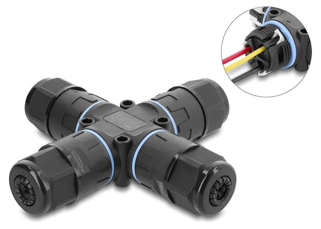 DELOCK Kabelverbinder X-Form mit Klemmverbind. 3 Pin, IP68