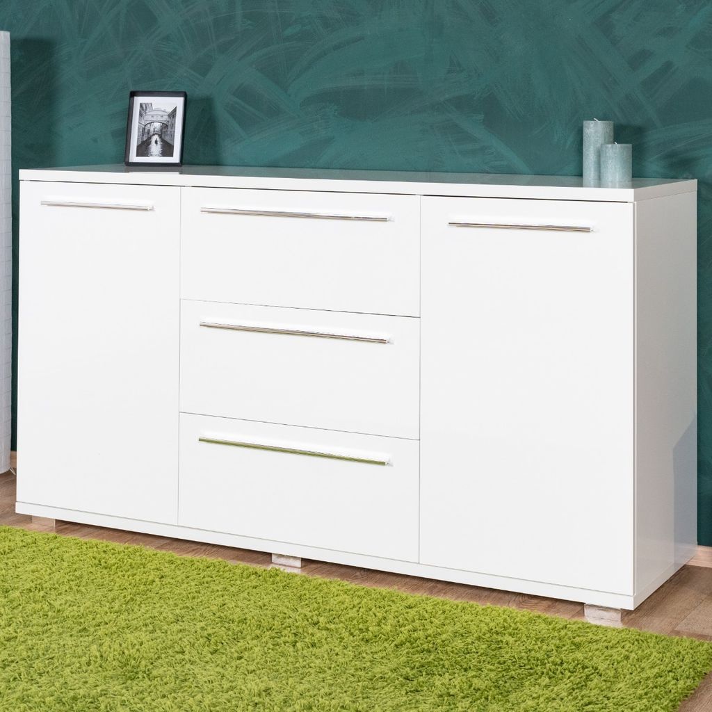 Kommode Siumu 13, Farbe: Weiß / Weiß Hochglanz - 85 x 153 x 45 cm (H x B x T)