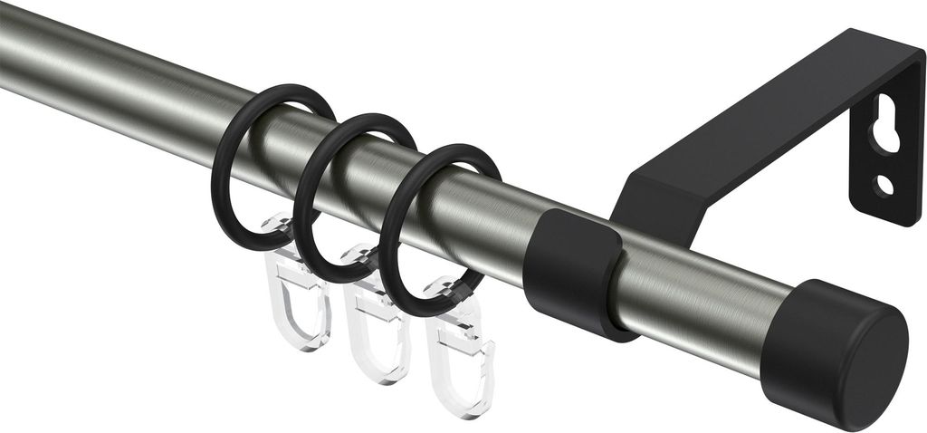 Interdeco Gardinenstange / Vorhangstange Edelstahl-Optik / Schwarz, Typ Olymp Lucan (Kappe), 16 mm Ø 1-läufig, 240 cm