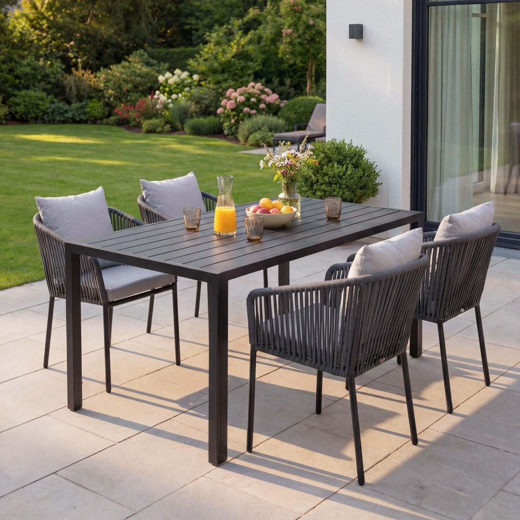 Gartengarnitur MCW-N41, Tisch+4xStuhl, wetterfest Alu 140x80cm, Seilgeflecht Rope anthrazit Kissen grau