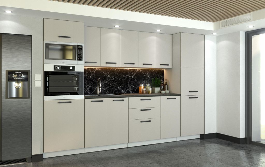 ULWEHOME | Küchenzeile 300 cm Beige, Küchenmöbel-Set Kaschmir mit Arbeitsplatten 3 m, Gerätehochschrank, Vorratsschrank, Küchenblock