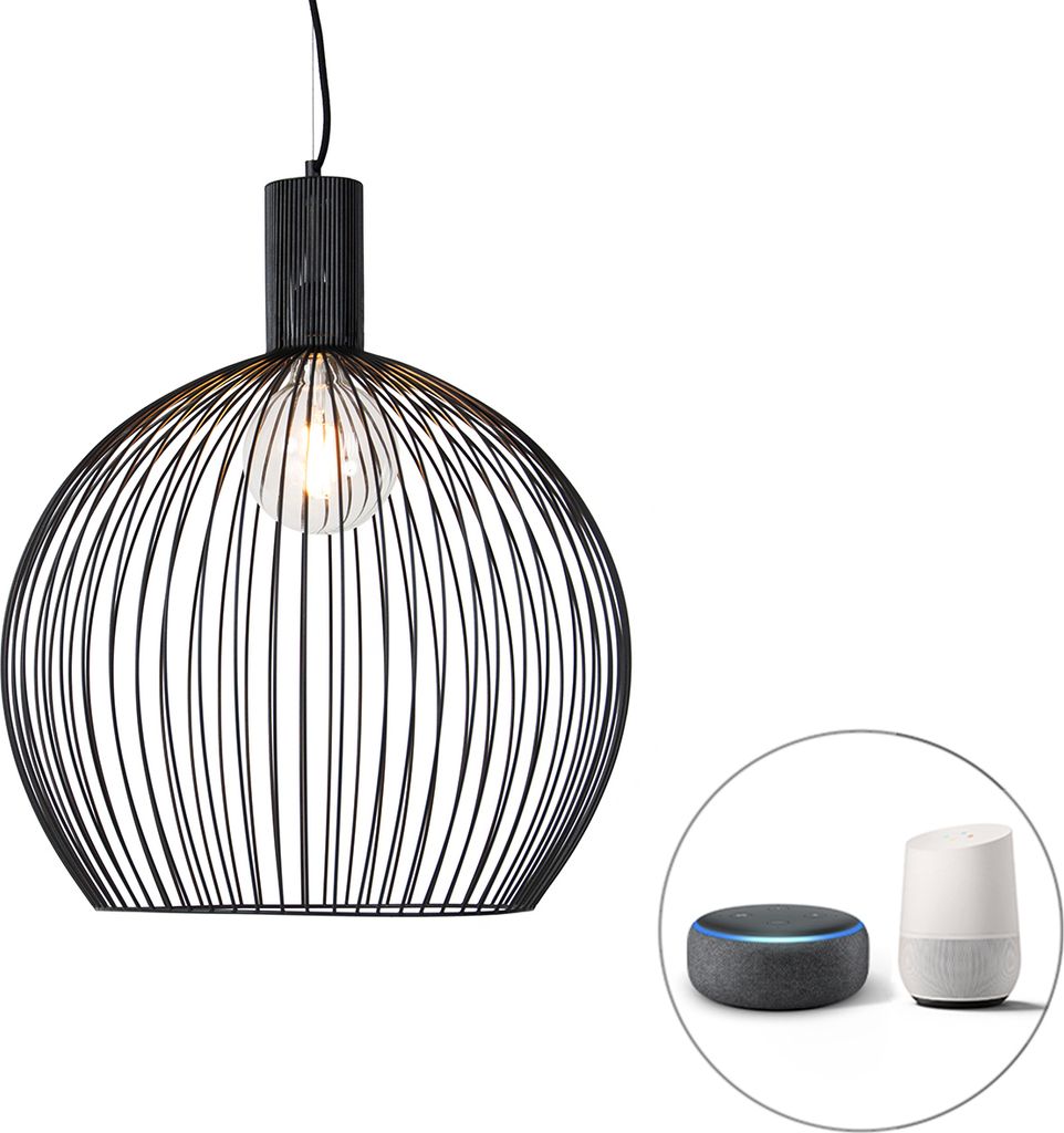Qazqa Smart led Modern Pendelleuchte, Pendellampe - Wire - Schwarz, 1800K - 4000K, extra warmweiß - kaltweiß, dimmbar, 50cm, Ideal als Küche lam...