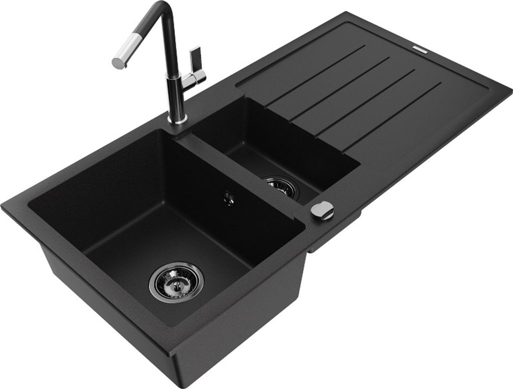 Mexen Andres 1,5-Becken-Granitspüle mit Abtropffläche und Mischbatterie Flora, Schwarz - 6515-77-670401-07-B