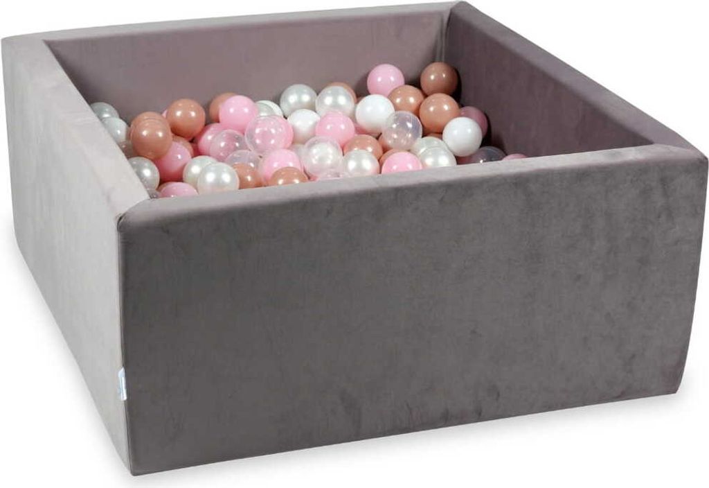 Bällebad 90x90x40 Samt lila – Mit 400 Bällen / transparent, weiß, perlmutt, babyrosa, roségold