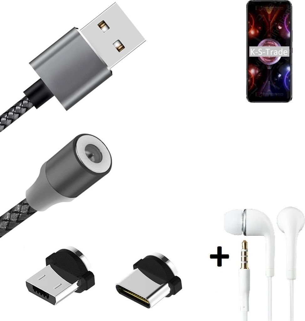 K-S-Trade Hochwertiges Magnet-Lade-kabel Sync-Kabel Daten-Kabel + Kopfhörer kompatibel mit Asus ROG Phone 5s Pro mit USB-Typ-C-Anschluss und