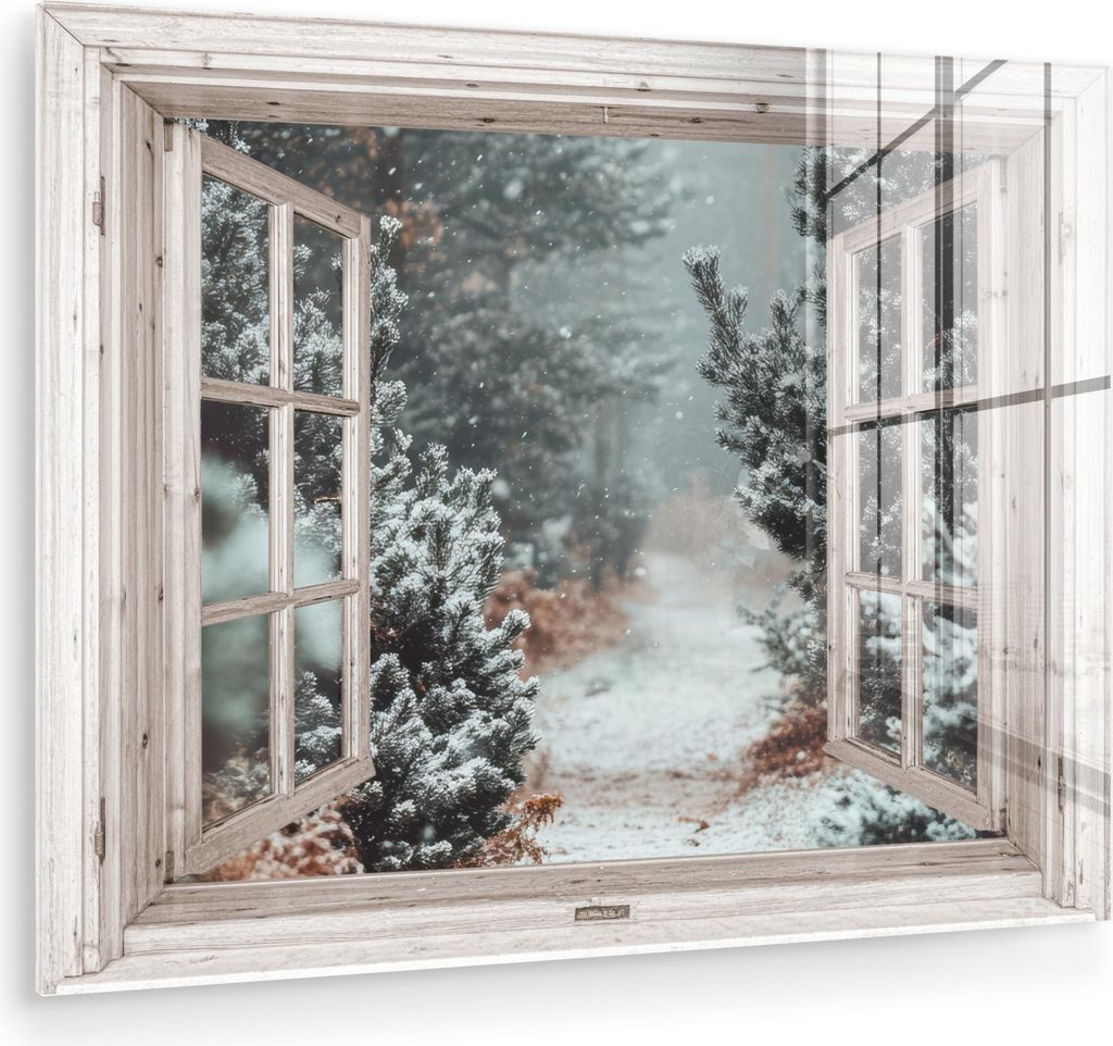 MuchoWow Glasbilder - Bilder auf Wandbild - Foto auf Glas Wald - Winter - Bäume - Natur - Weg - Aussicht - Weiß 80x60 cm Wanddekoration aus Glas ...