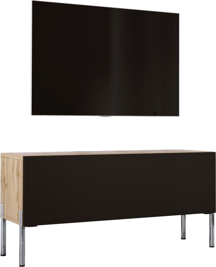 TV-SCHRANK in Wotan-Eiche / Mattschwarz mit Beinen in Chrom, 100 x 52 x 32 cm