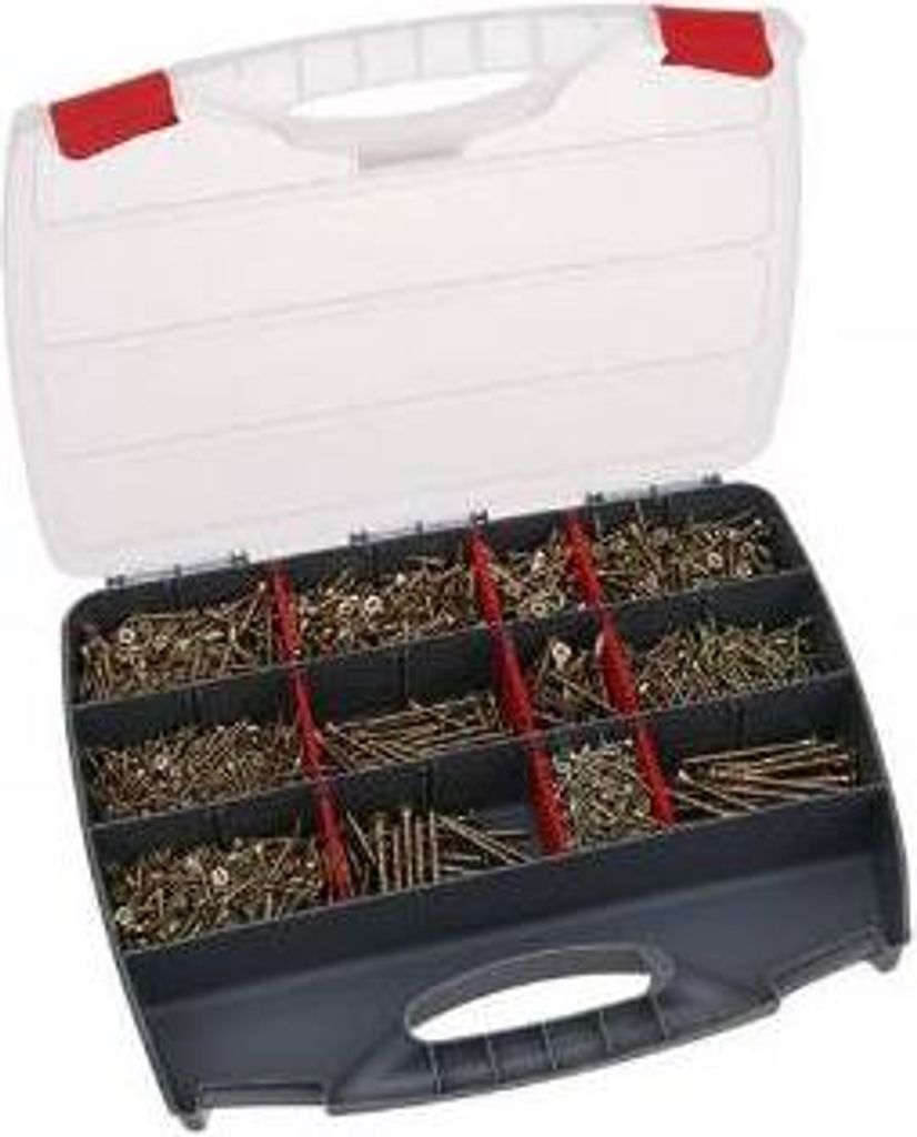 An open toolbox filled with screws and nails.