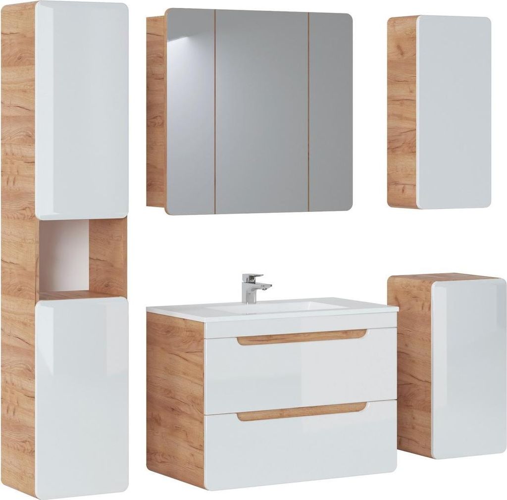 Design Badezimmer Möbel Bad 5tlg. Set Garnitur Schrank Beleuchtung Waschbecken