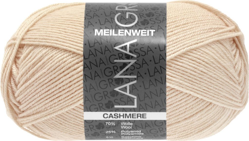 A ball of beige yarn with a label.