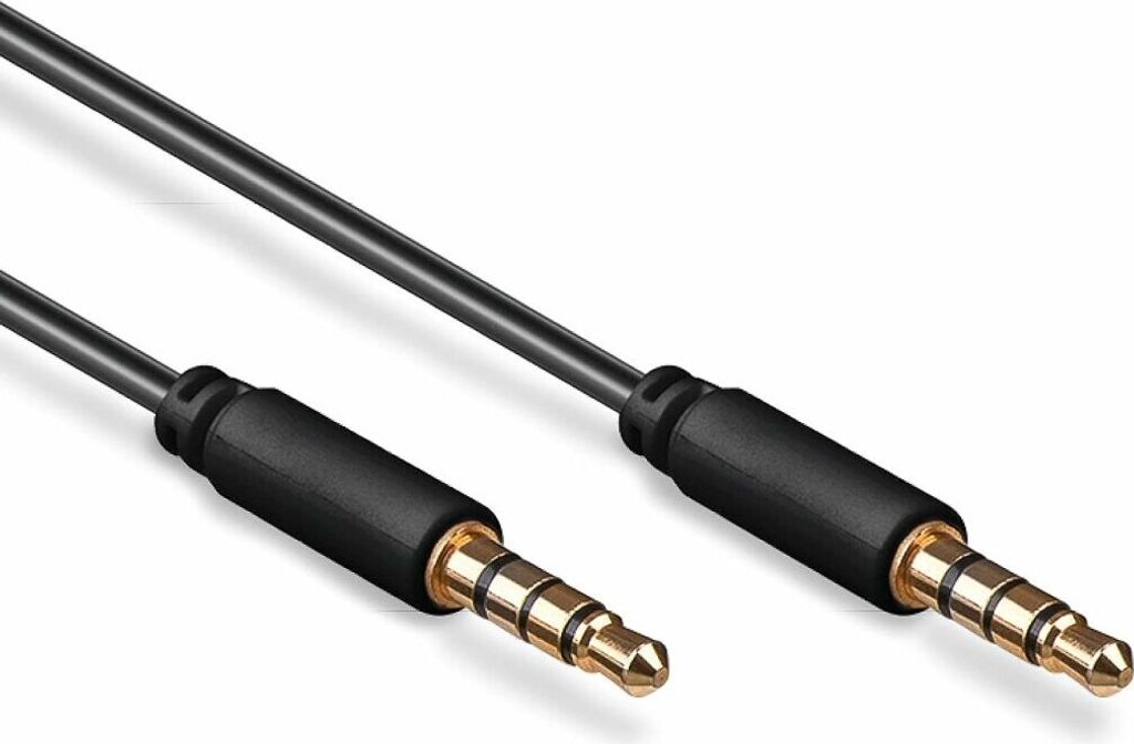 A close-up shot of a black audio cable with gold-plated 3.5mm connectors on a white background.