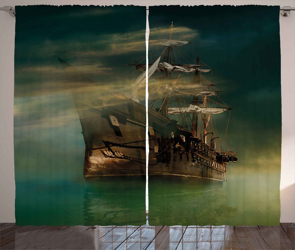 ABAKUHAUS Ozean Rustikaler Gardine, Old Ship auf ruhigem Wasser, Schlafzimmer Kräuselband Vorhang mit Schlaufen und Haken, 280 x 245 cm, Grün Bra...