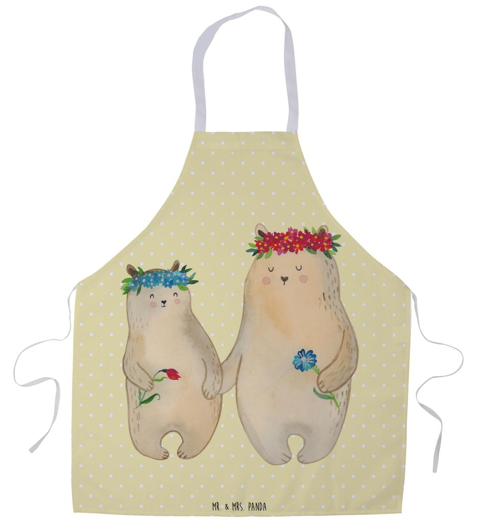 Mr. & Mrs. Panda Küchenschürze Bären mit Blumenkranz - Gelb Pastell - Geschenk, Gastro Schürze, Kinder, Mutti, Bär, Mama, Grillmeister, Kochsc...