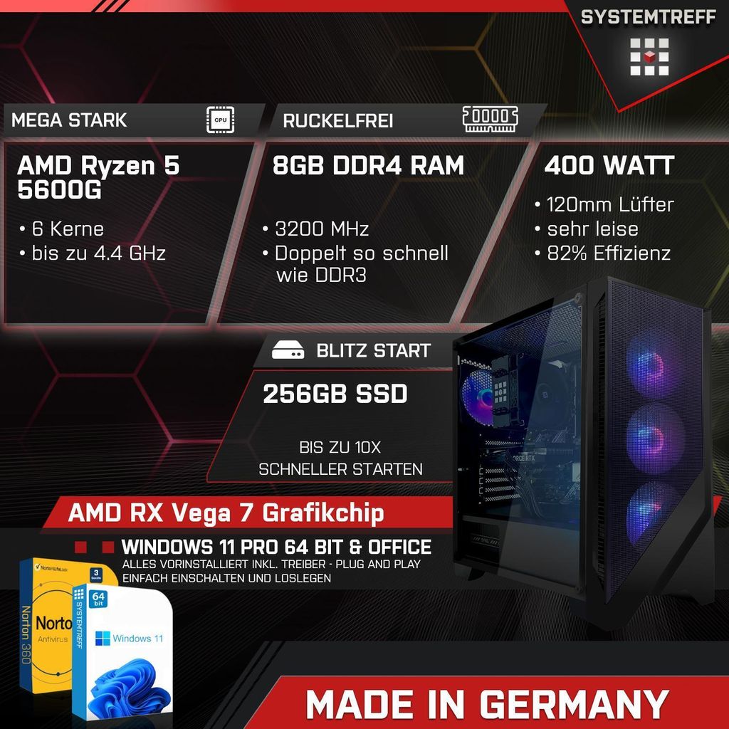 SYSTEMTREFF Gaming Komplett PC - Ryzen 5 5600G - AMD RX Produktbild 2