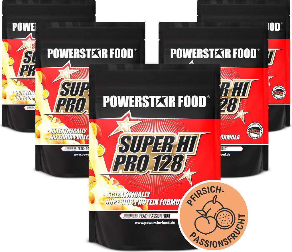 Powerstar SUPER HI PRO 128 | Mehrkomponenten Protein-Pulver 5x1kg | Höchste Biologische Wertigkeit | Protein-Shake Muskelaufbau | Peach Passion Fruit