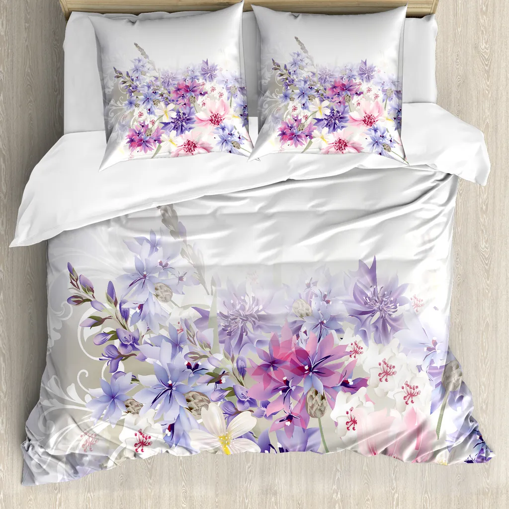 ABAKUHAUS Copripiumino lavanda, fiori rosa e lilla, antiacaro, adatto a chi soffre di allergie, con federe, 200 cm x 200 cm - 80 x 80 cm, viola, rosa, bianco
