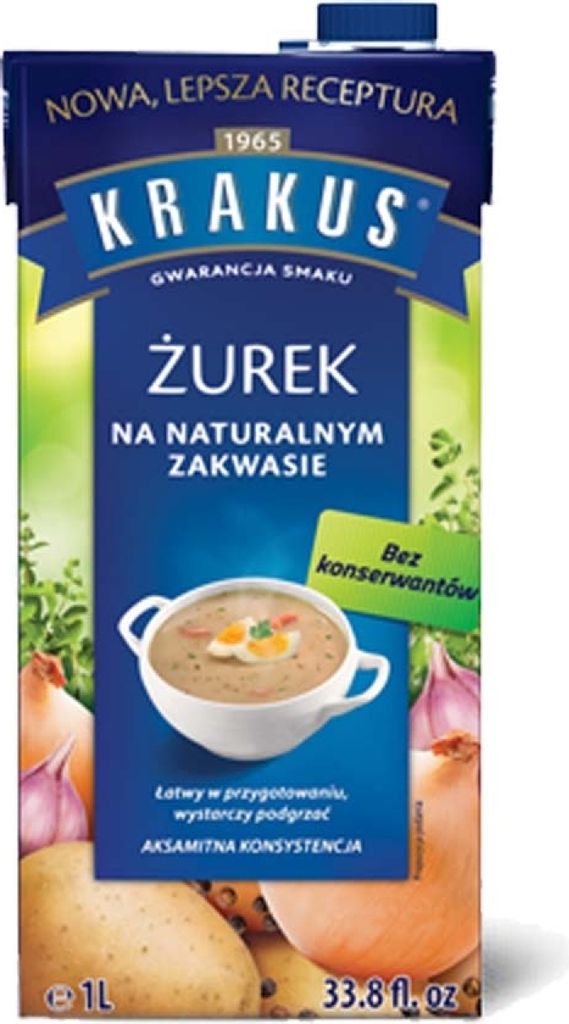 A carton of Krakus Zurek soup with ingredients like potatoes, onions, and garlic depicted around it.