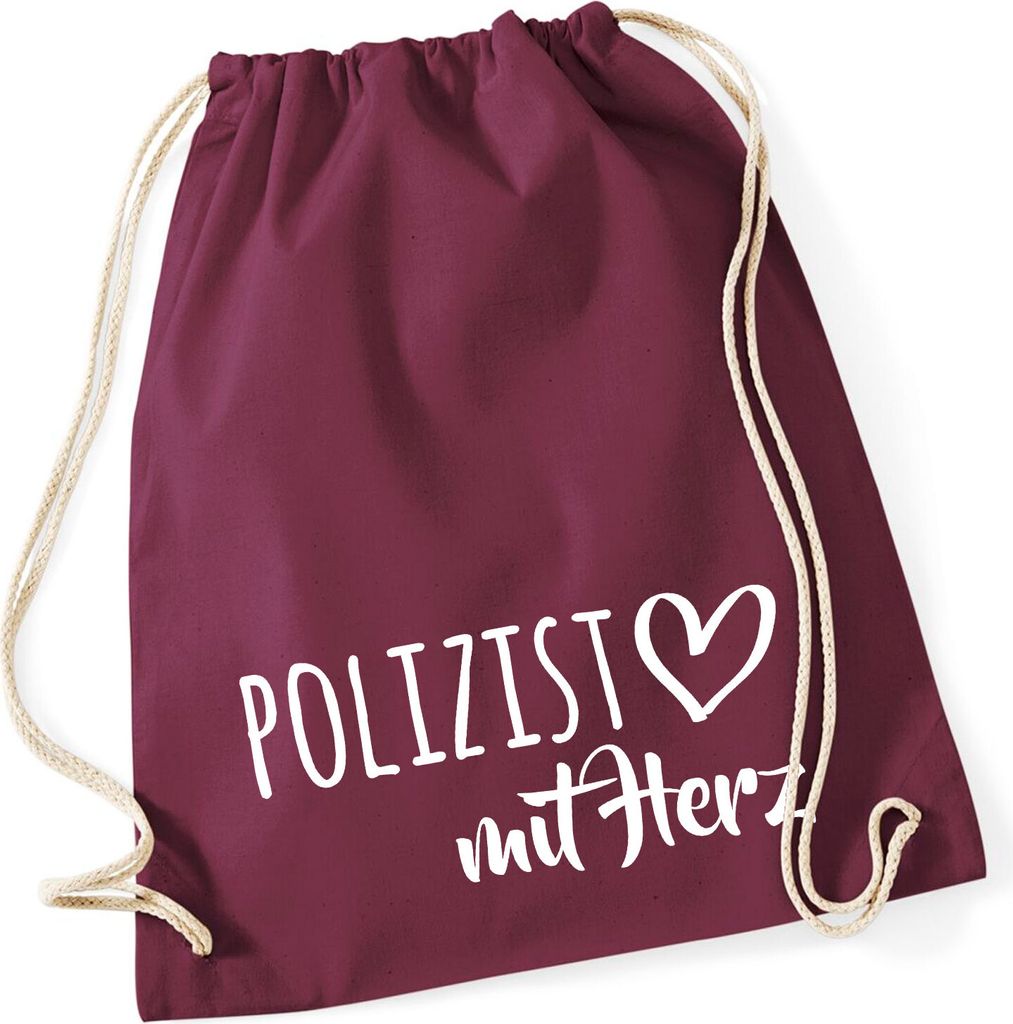 Huuraa Turnbeutel Polizist mit Herz 12 Liter Burgundy Baumwolle Rucksack Geschenkidee