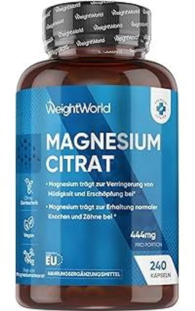 Capsule di citrato di magnesio tamponato - 444 mg di magnesio elementare per porzione - 240 capsule vegane - Scorta per 4 mesi Il magnesio contribuisce alla riduzione della stanchezza e dell'affaticamento (EFSA) - WeightWorld