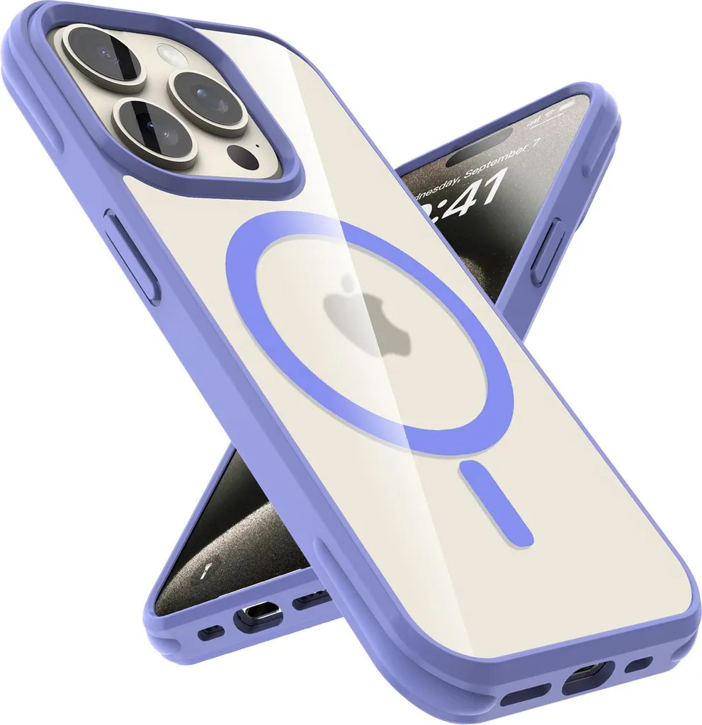 Cover MagSafe per iPhone 15 silicone trasparente bordo cromato blu - Italiano