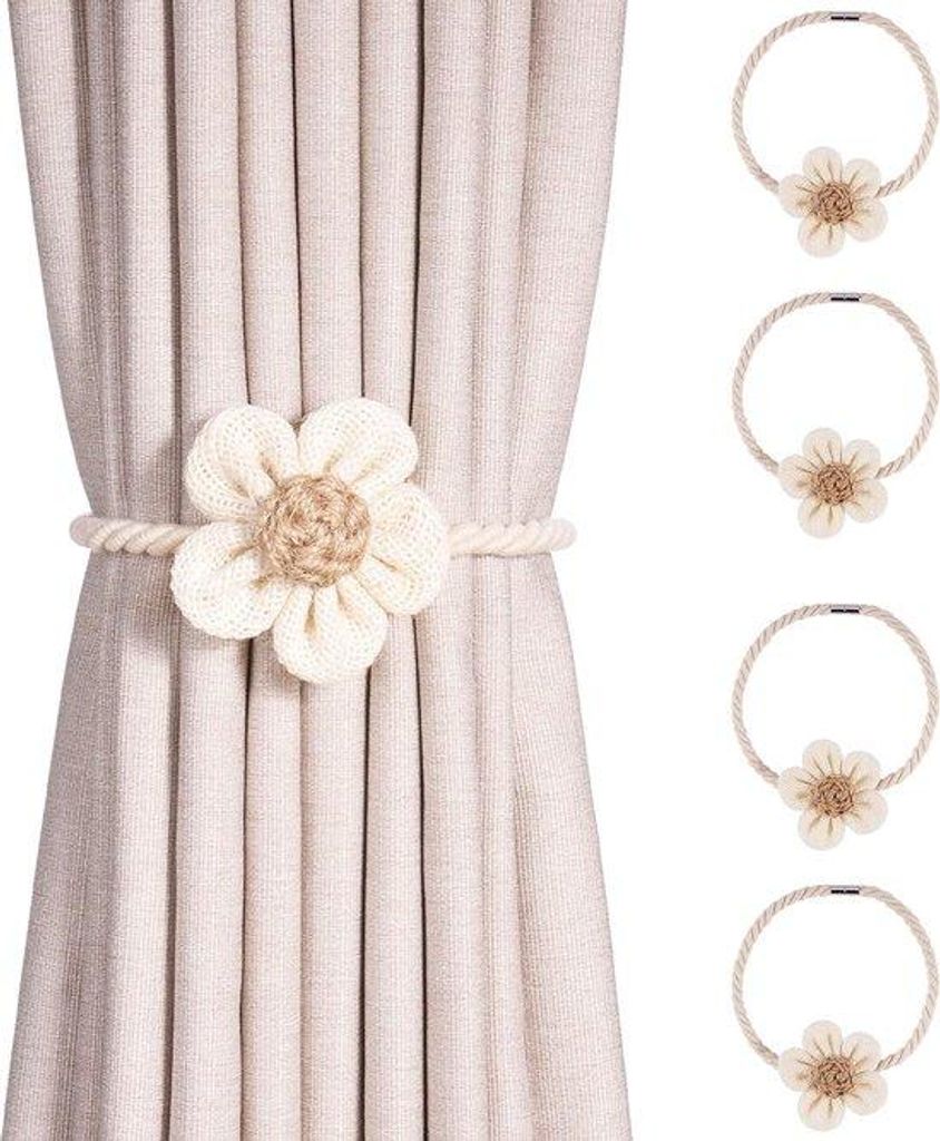 Gordijnkoordset aus 4 Stücken, Boho-Beige-Gordijnkoord mit Klemmen und Trekkoord für Wohnzimmer.