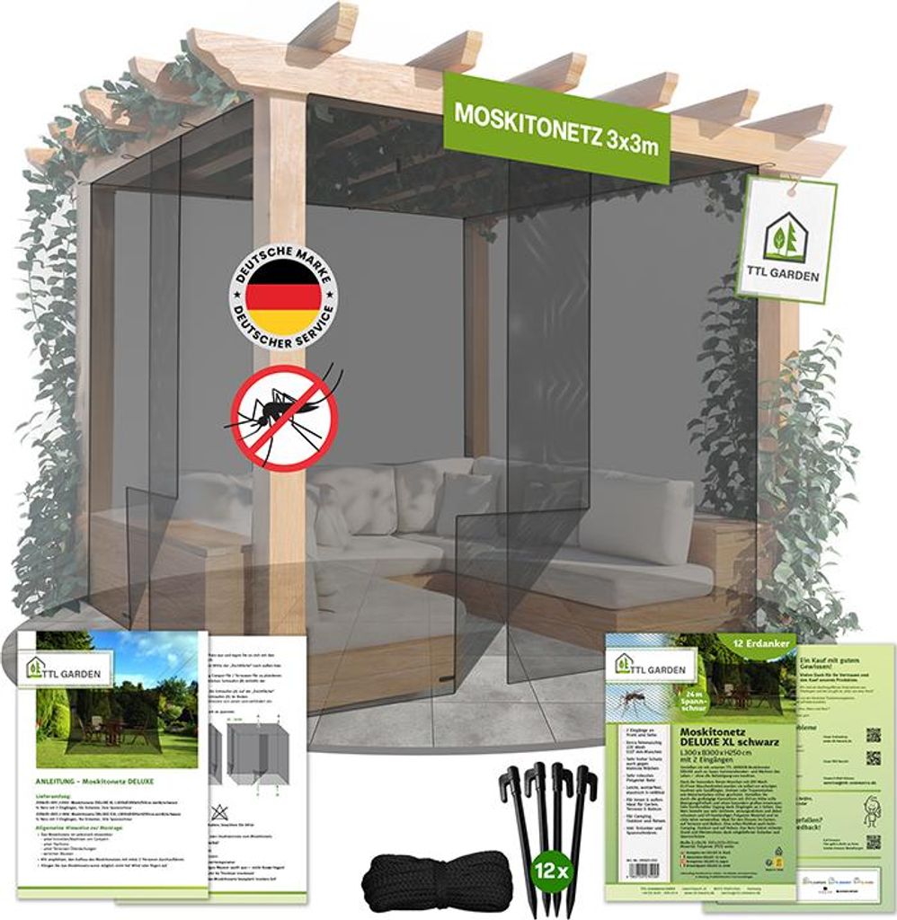 TTL GARDEN Moskitonetz Deluxe XL 300x300x250cm – 2 Eingänge schwarz